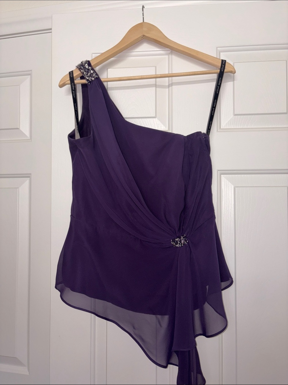 Alfred Angelo Deep Purple One-Shoulder Chiffon Top with Rhinestone Detail
